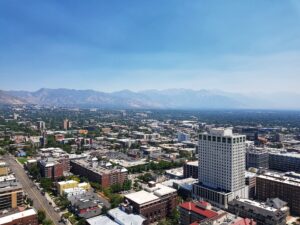 Top view of Salt Lake City with mountains in the background